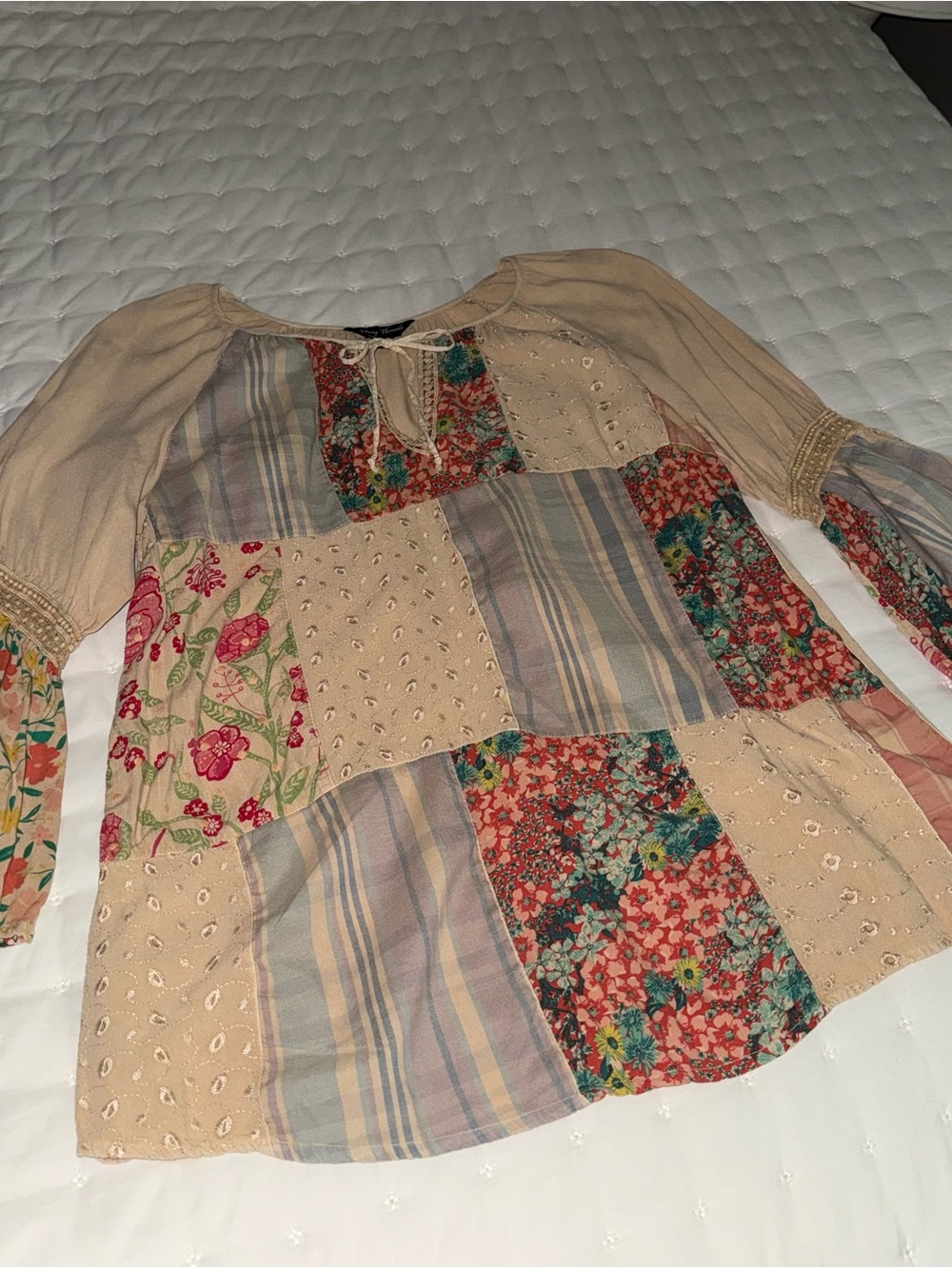 Young Threads Boho Patchwork Tunic Top in Beige and Floral